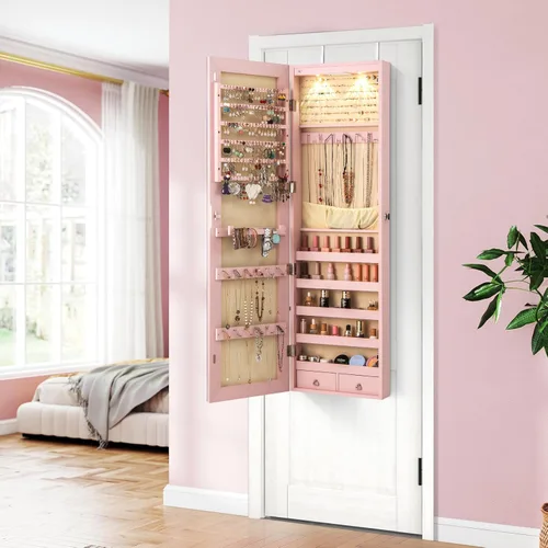 Miniatura 47 de Giantex Armario de joyería para puerta de pared con espejo de longitud completa, 2 LED con cerradura grande organizador de joyas con espejo ancho