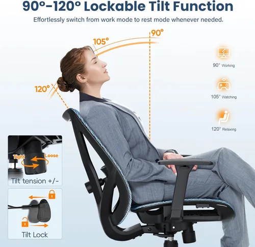 Miniatura 7 de Silla de oficina ergonómica, sillas de escritorio de malla para computadora con soporte lumbar ajustable, reposabrazos 3D, función de inclinación