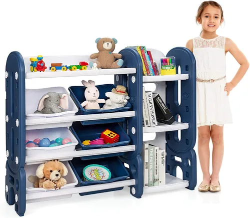 Miniatura 8 de HONEY JOY Organizador de almacenamiento de juguetes para niños de 4 niveles con 6 contenedores, unidad de almacenamiento de juguetes 2 en 1