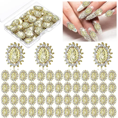 Lounsweer 50 piezas de mini dijes de uñas de la Virgen María para mujer, gemas 3D de San Judas María de aleación de circón brillante, dijes de arte