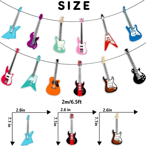Miniatura 2 de Cartel de feliz cumpleaños de guitarra, decoración geométrica multicolor para fiestas temáticas de música para niños y niñas, 5 x 78 pulgadas