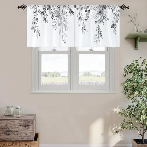 Miniatura 2 de Cortina de eucalipto negro y gris, cenefa para tratamiento de ventana, estilo bohemio, rústico, floral, bolsillo para barra, cortinas de ventana