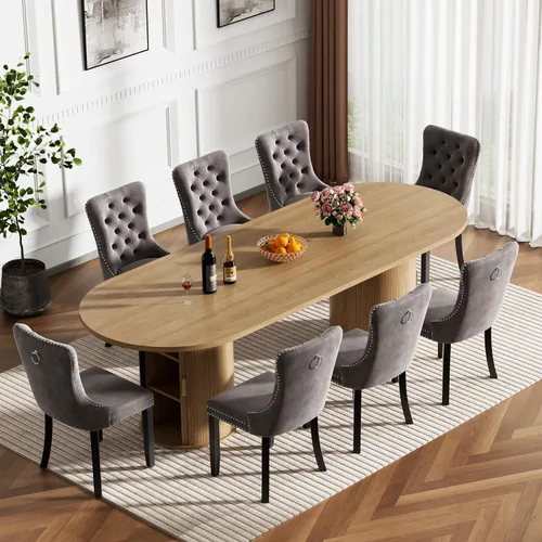 Miniatura 27 de Mesa de comedor redonda extensible con base de almacenamiento, mesa de comedor expandible natural de 63 a 94 pulgadas para 10 personas, mesa