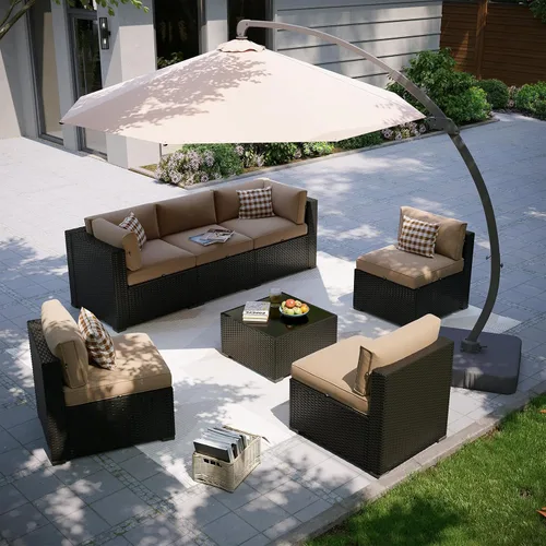 Miniatura 29 de Aoxun Juego de muebles de patio, 7 piezas de sofás seccionales para exteriores con funda impermeable, mimbre de ratán para exteriores, juego