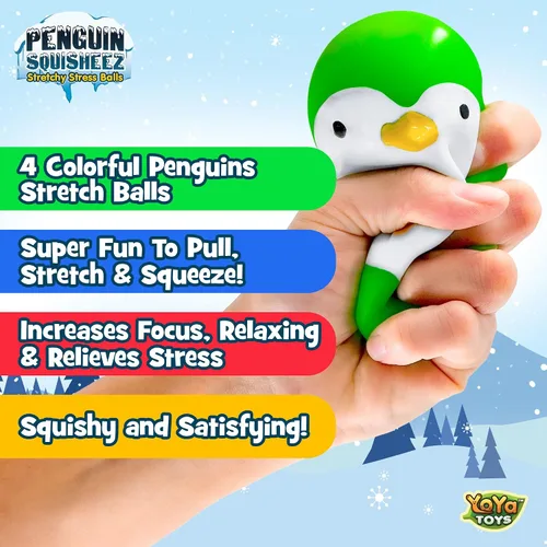 Miniatura 3 de YoYa Toys Penguin Squisheez - Pelotas blandas para aliviar el estrés (juego de 4) Juguetes elásticos en forma de animales para niños, niñas