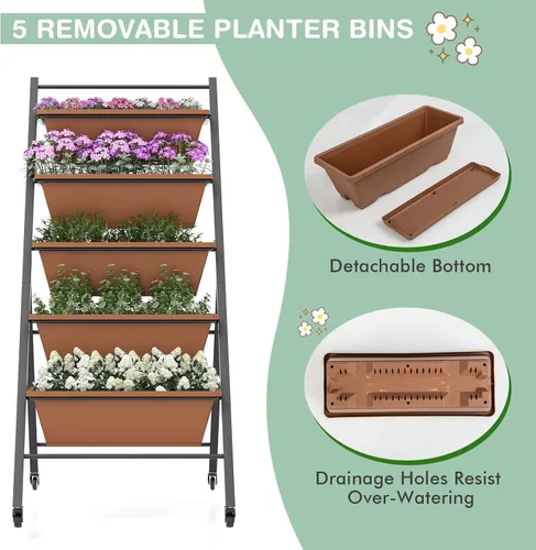 Miniatura 4 de Safstar - Macetero vertical de 5 niveles, cama de jardín elevada con 2 ruedas con bloqueo, 5 jardineras extraíbles, marco de metal, caja