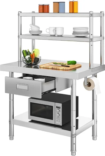 YITAHOME Mesa de trabajo ajustable de acero inoxidable con estante de 36" x 12", estantes superiores y cajón - Mesa de preparación de metal NSF para