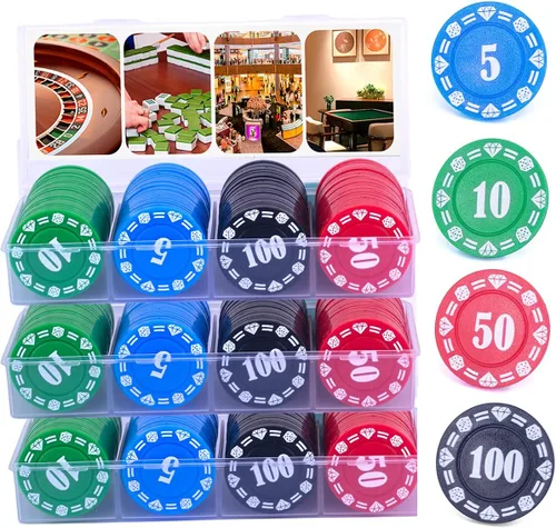 Miniatura 4 de Juego de fichas de póquer de plástico con caja de almacenamiento, denominación impresa estilo casino chip para noches de juego en casa de Texas, 300
