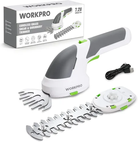 WORKPRO - Cizalla manual 2 en 1 para césped, setos y arbustos, inalámbrica, de 7.2 V, cizalla eléctrica con batería de litio recargable, incluye