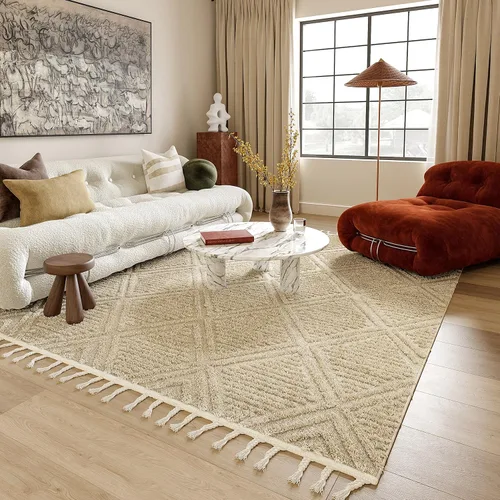 Rugs USA Balboa Beige, 6 pies 7 pulgadas x 9 pies, azulejo texturizado, borla, suave y acogedor, alto tráfico, resistente a las manchas, fácil de