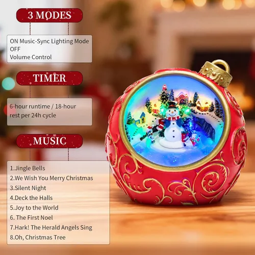 Miniatura 3 de Figuras musicales animadas de pueblo navideño de 6.3 pulgadas con muñeco de nieve giratorio de esquí y luces, temporizador automático de 6 horas