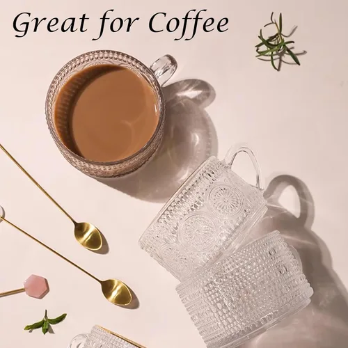Miniatura 3 de Tazas de té de café vintage, tazas de vidrio de 14 onzas, juego de 2 vasos en relieve con asa, para capuchino, café con leche, cereales, yogur