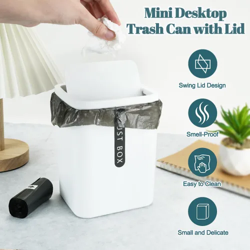 Miniatura 3 de 2 mini basureros con tapa, mini papelera de plástico con 5 rollos de bolsas de basura, pequeño cubo de basura de escritorio para cocina, baño