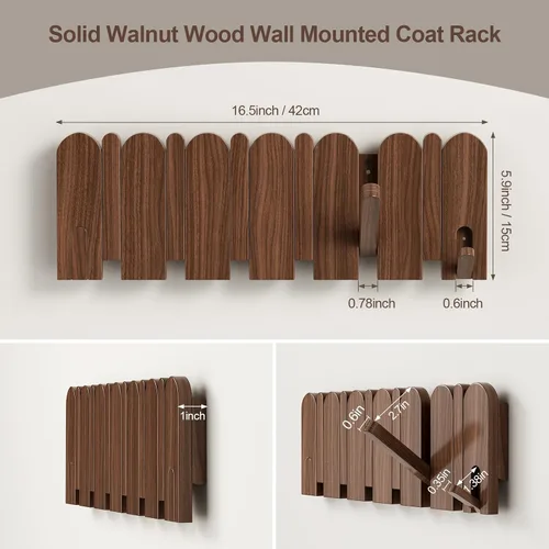 Miniatura 6 de Perchero de madera de nogal, montaje en pared, 16.5 pulgadas, con 8 ganchos retráctiles, ganchos resistentes para colgar abrigos, sombreros