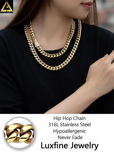 Miniatura 5 de Cadena de eslabones cubanos Miami de 10/12mm, chapado en oro real de 14 quilates, collar de acero inoxidable de alta calidad, joyería hip-hop