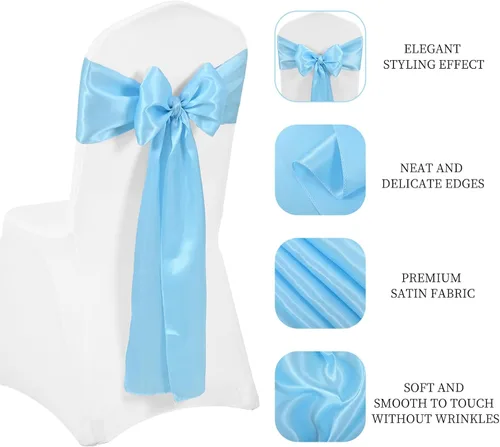 Miniatura 4 de 72 bandas de satén para silla, color azul bebé, lavables y reutilizables, fundas universales para silla, suministros para atar en la espalda
