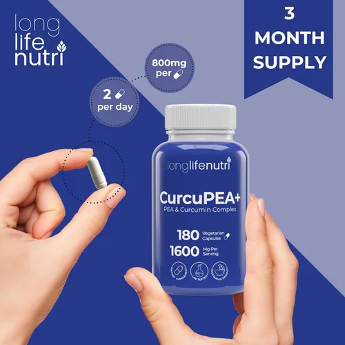 Miniatura 5 de CurcuPEA+ (Palmitoiletanolamida + Complejo de cúrcuma 600 mg/1000 mg) - Derivado de curcumina Longa, 180 cápsulas vegetarianas, antioxidante