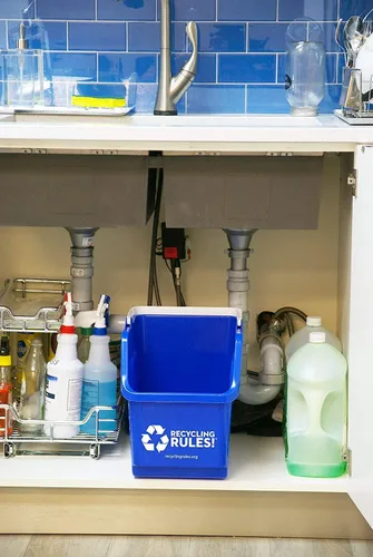 Miniatura 3 de ¡Reglas de reciclaje! Contenedor de papelera de reciclaje apilable de 6 galones en azul, reciclador práctico libre de BPA ecológico con asa