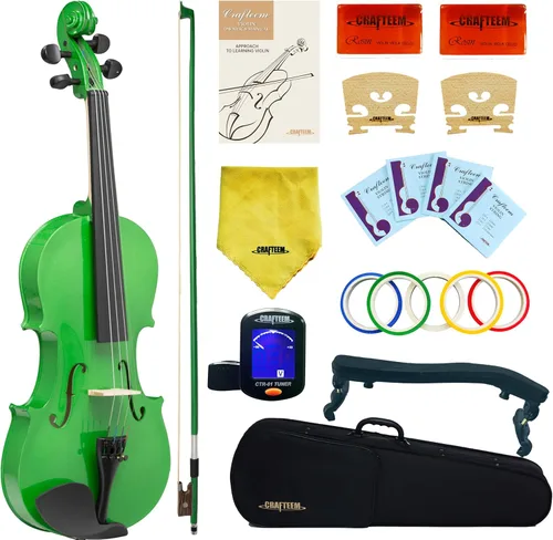 Miniatura 7 de CRAFTEEM 1/2 Conjunto de violín negro premium hecho a mano para principiantes, adultos y niños con cinta adhesiva para dedos de 5 colores - Violín