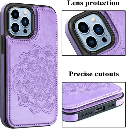 Miniatura 4 de MMHUO Funda protectora para iPhone 15 Pro Max con tarjetero y botones magnéticos de flores para mujer, color morado Púrpura