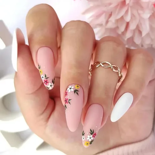 Miniatura 20 de Uñas postizas ovaladas a presión con puntas francesas, juego de uñas postizas cortas de flores artificiales, uñas postizas acrílicas con diseños