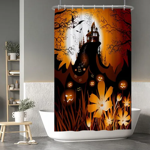 Miniatura 115 de Cortina de ducha de fantasma y gato negro para niños, 36 x 72 pulgadas, espeluznante y bonita, cortina de baño de Halloween con 6 ganchos, cortina