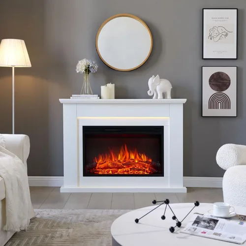 Miniatura 2 de LegendFlame® Harrison - Chimenea eléctrica con mantel envolvente de 48 pulgadas y inserto de Jaden de 31 pulgadas, acabado blanco crema
