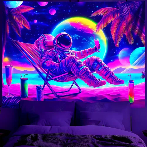 Miniatura 9 de BVBOX Tapiz de astronauta espacial con luz negra, reactivo a los rayos UV, galaxia, planeta que brilla en la oscuridad, póster de luz negra, arte