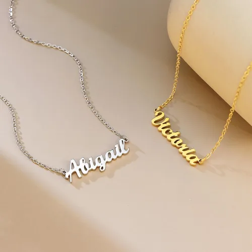 Miniatura 3 de SANNYRA Collar con nombre personalizado chapado en oro real de 18 quilates con placa de nombre, regalo de joyería para mujeres y niñas