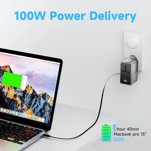 Miniatura 6 de Minthouz Adaptador de viaje universal, adaptador de corriente internacional de 100 W, cargador rápido GaN con 2 USB-C PD, 1 cable USB-C y puertos A