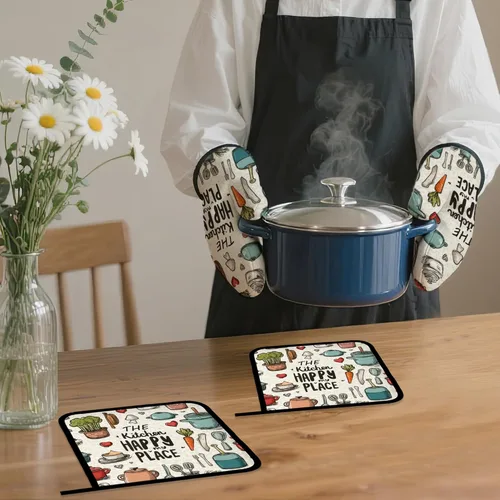 Miniatura 7 de Guantes de horno y soportes para ollas, The Kitchen is My Happy Place, resistentes al calor, guantes y soporte para ollas para decoración del hogar