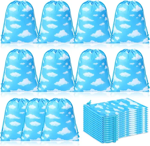 Capoda 16 bolsas de regalo de fiesta de cielo azul, nubes blancas, pequeñas bolsas con cordón, bolsas de regalo temáticas de cielo azul, con cuerda