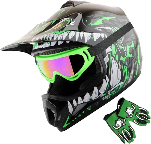Miniatura 14 de WOW Casco de motocross BMX MX ATV para niños y jóvenes, casco Dianosour Dragon + gafas + guante marciano juvenil: paquete HJOY MG