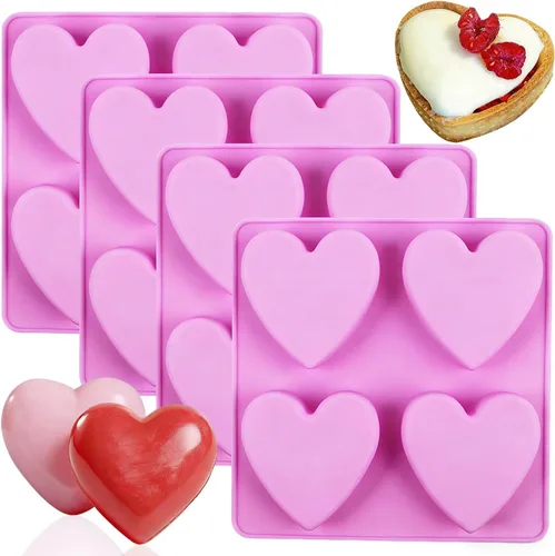 Moldes de silicona con forma de corazón, 4 moldes de jabón en forma de corazón, moldes de chocolate para hacer jabón, dulces, pasteles, velas, Rosa-B