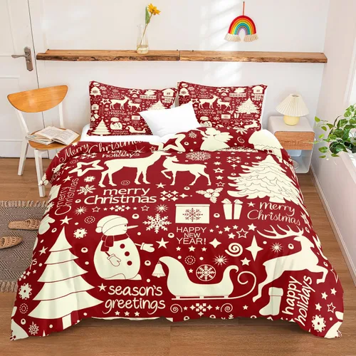 Miniatura 11 de Juego de ropa de cama de Navidad con funda de edredón de copos de nieve, color blanco y rojo, con estampado navideño, juego de ropa de cama festiva