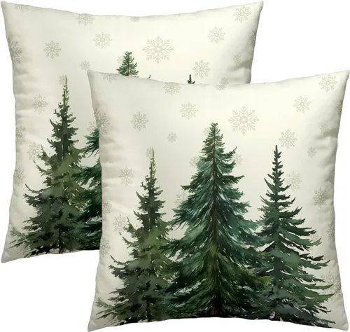 Fundas de Almohada Decorativas con Diseño de Pino 18x18 pulgadas, Fundas de Cojines Cuadradas de Doble Cara con Bosque Verde de Nieve Invernal para