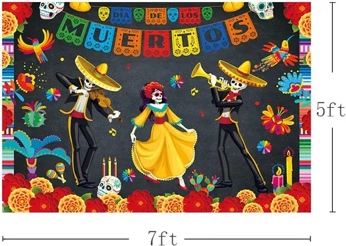 Miniatura 3 de MEHOFOND Telón de fondo del Día de los Muertos de 7 x 5 pies, fiesta mexicana, calavera de azúcar, flores, fondo de fotografía, vinilo Dia De Los