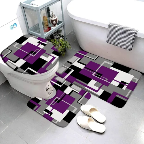 Miniatura 8 de Juego de 3 tapetes de baño geométricos rojos, negro, blanco y gris, líneas minimalistas abstractas geométricas de mediados de siglo, cubierta