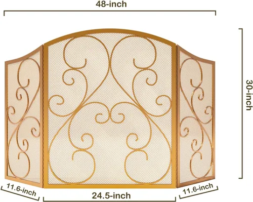 Miniatura 4 de Fire Beauty Pantalla de Chimenea de 3 Paneles de Hierro Forjado Metálico 48"(L) x 30"(H) Protector contra Chispas (Acabado Dorado)