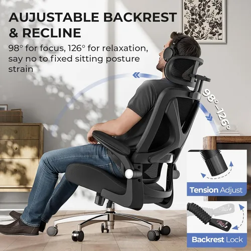 Miniatura 7 de Silla de oficina ergonómica con reposacabezas, soporte lumbar, reposabrazos abatibles, asiento de espuma viscoelástica gruesa, capacidad de 350