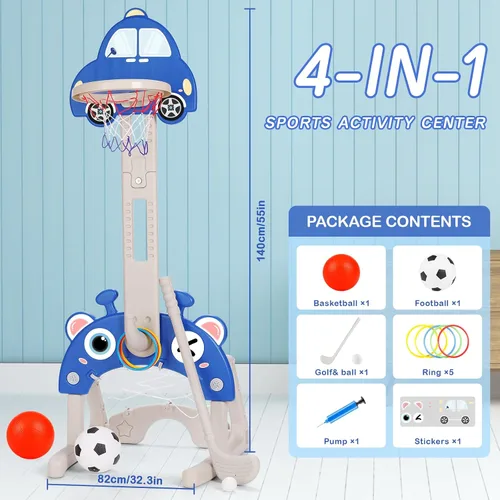Miniatura 6 de CYFIE Aro de baloncesto 4 en 1 con altura ajustable para niños pequeños, centro de actividades deportivas con aro de baloncesto, red de fútbol