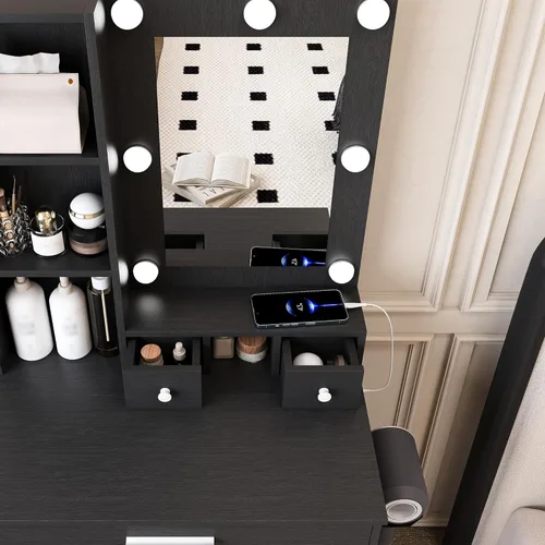 Miniatura 5 de Runboll Small Vanity Desk with Mirror and Lights, Makeup Vanity Table Set with Power Outlet, Drawer Storage, Stool, Adjustable LED Lighting