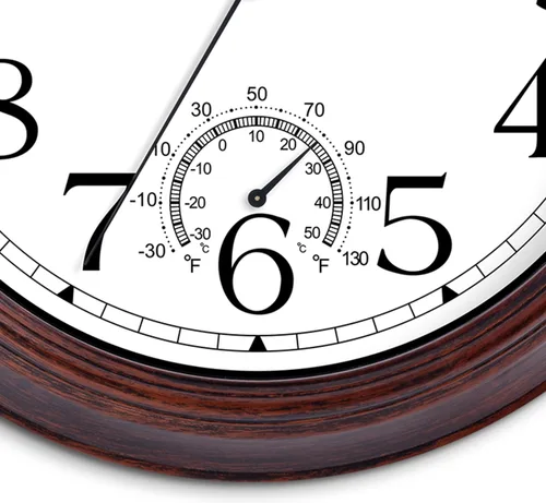 Miniatura 7 de KECYET Reloj de pared para exteriores de 14 pulgadas con termómetros, reloj de pared silencioso vintage que funciona con pilas, reloj retro sin