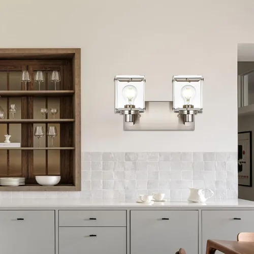 Miniatura 6 de Iluminación de aplique de pared de 2 luces con base de bombilla E26, lámpara de tocador de baño moderna de níquel cepillado para sobre espejo