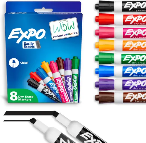 EXPO Marcadores de borrado en seco de bajo olor, punta cincel, colores surtidos, paquete de 8
