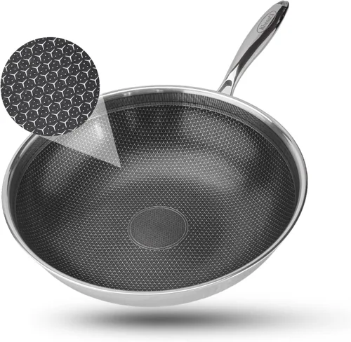 Miniatura 3 de Wok híbrido de 13 pulgadas con tapa, woks de acero inoxidable y sartenes antiadherentes, sin PFOA, apto para lavavajillas y horno, compatible