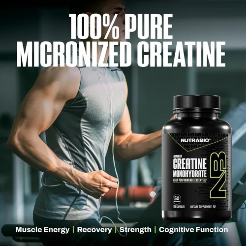 Miniatura 5 de NutraBio Cápsulas de Monohidrato de Creatina Micronizada Pura, Píldoras de Creatina, Apoya la Energía Muscular para Volumen, la Recuperación
