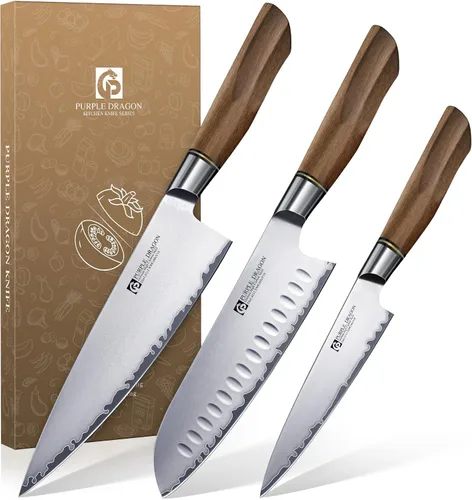 Miniatura 13 de Juego de 4 cuchillos de carne serrados de Purple Dragon de acero alemán de alto carbono con mango cuadrado de madera - Corte sin esfuerzo - Regalo