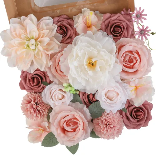 Miniatura 14 de Floweroyal Flores Artificiales Rosadas Flores de Rosa Falsas Dalia con Tallos para Ramos de Novia de Boda DIY, Baby Shower, Arreglo Floral, Centros