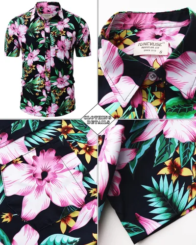 Miniatura 43 de TUNEVUSE Conjunto de camisas y pantalones cortos hawaianos para hombre, 2 piezas, trajes de playa con estampado de flores, traje tropical de verano